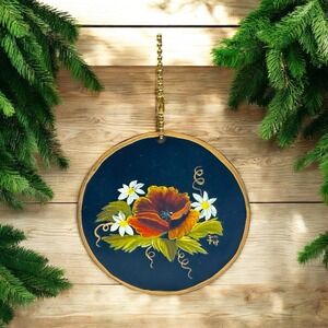 Hand Painted Christmas Ornament on Metal Floral Poppy Signed Judy Tripp 3.5 in